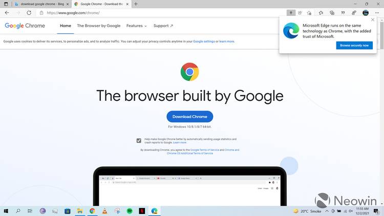 Microsoft Edge message saying it provides the added trust of Microsoft