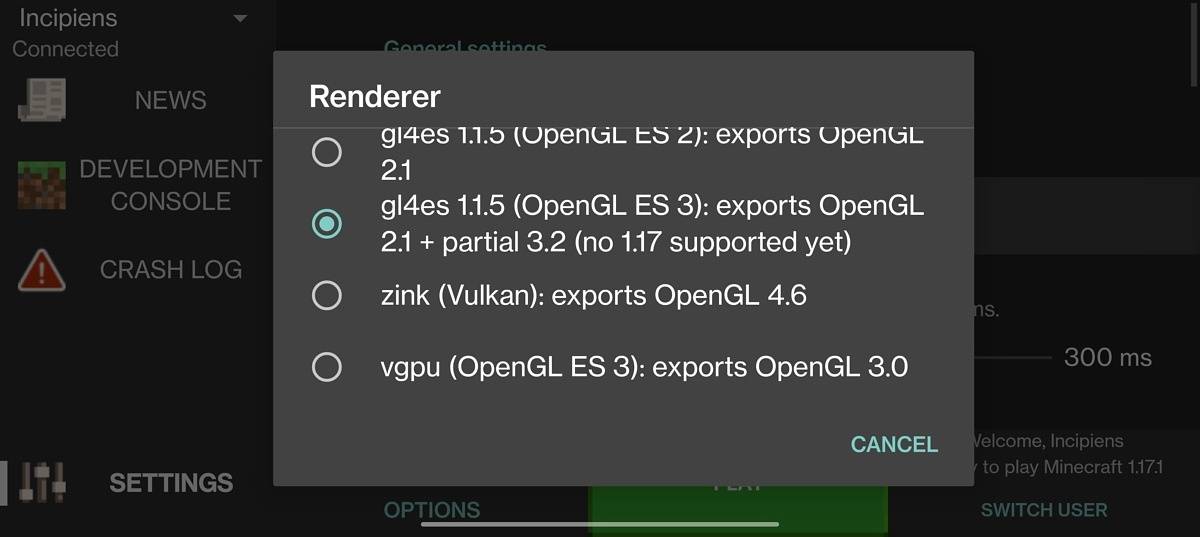 Pojav Launcher JRE Renderer selection
