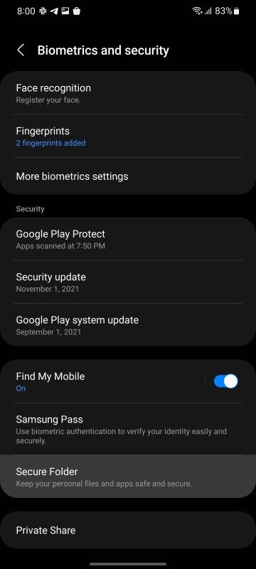 Screenshot showing Secure Folder setup and options