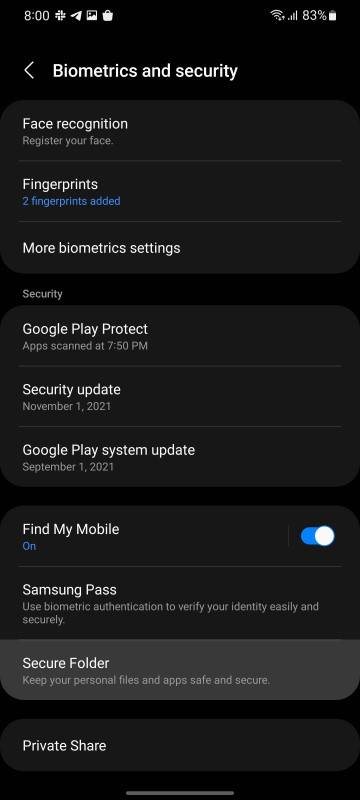 Screenshot showing Secure Folder setup and options