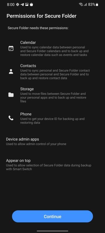 Screenshot showing Secure Folder setup and options