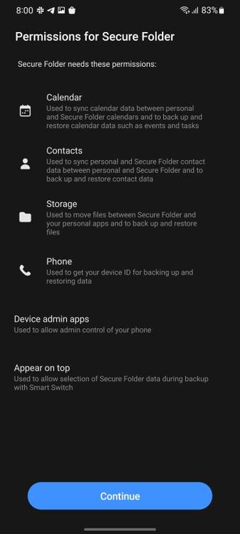 Screenshot showing Secure Folder setup and options