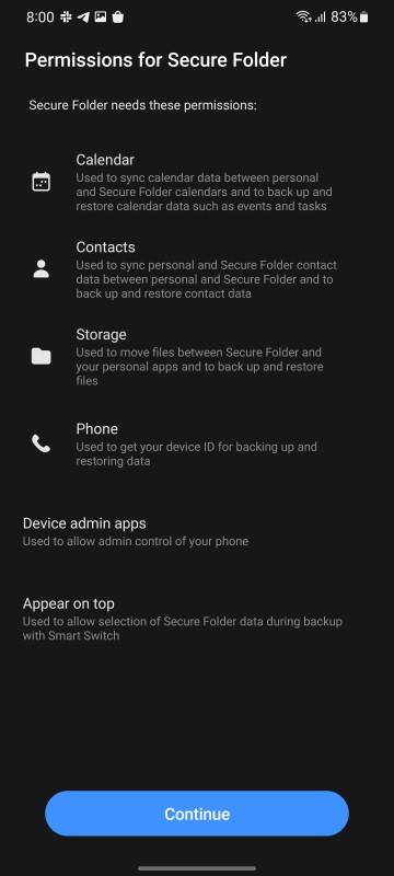Screenshot showing Secure Folder setup and options