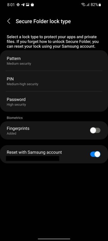 Screenshot showing Secure Folder setup and options