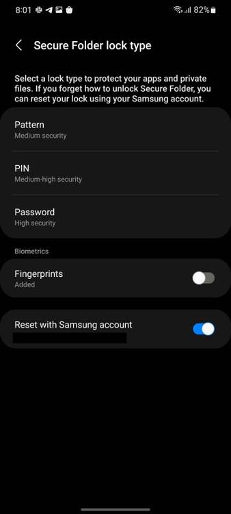Screenshot showing Secure Folder setup and options