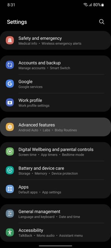 Settings menu screenshot on Samsung