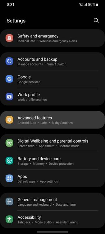 Settings menu screenshot on Samsung