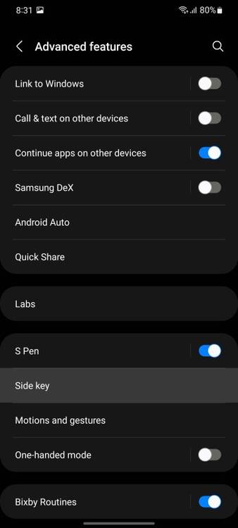 Advanced Settings menu screenshot on Samsung