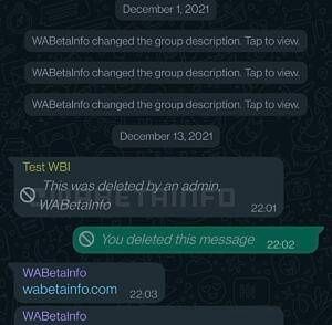 A group chat in WhatsApp displaying "This was removed by an admin" 