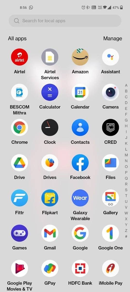 Android 12 for the OnePlus 9 pro on the launcher app drawer