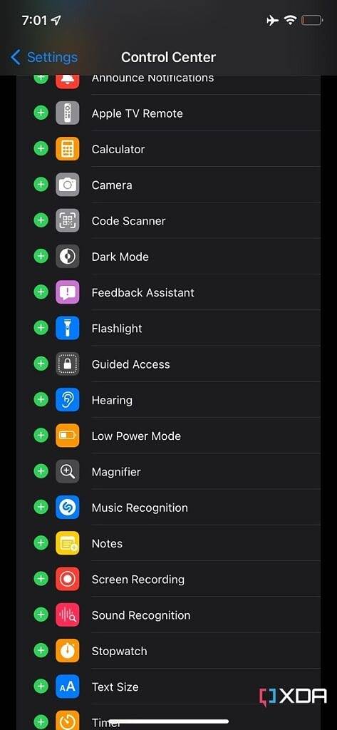 control center options iOS 