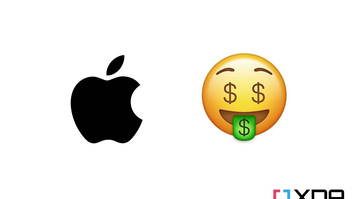 Apple Logo next to money face emoji.
