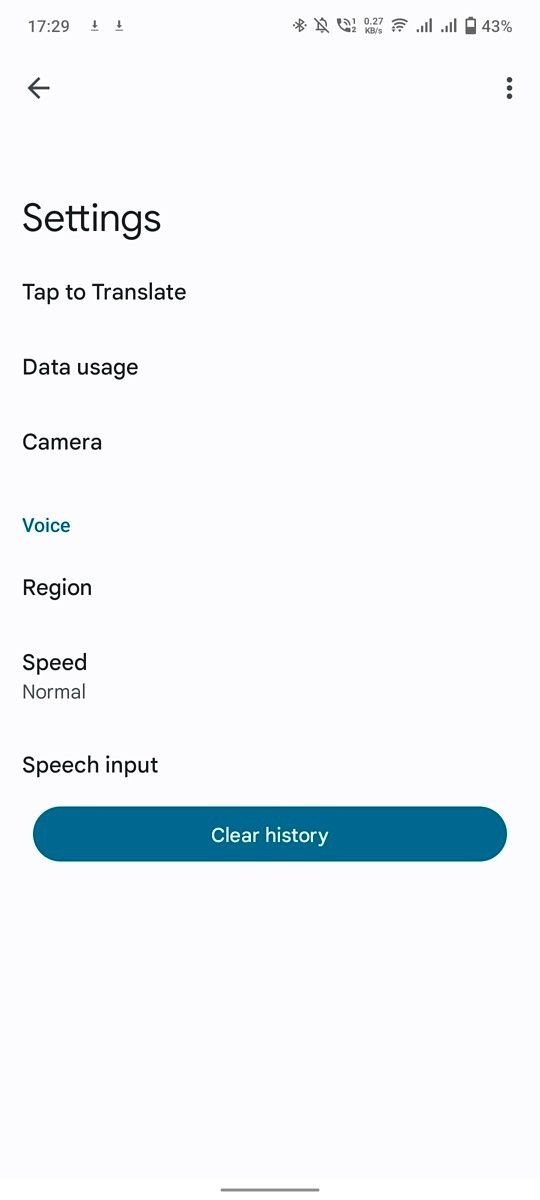Google Translate settings page