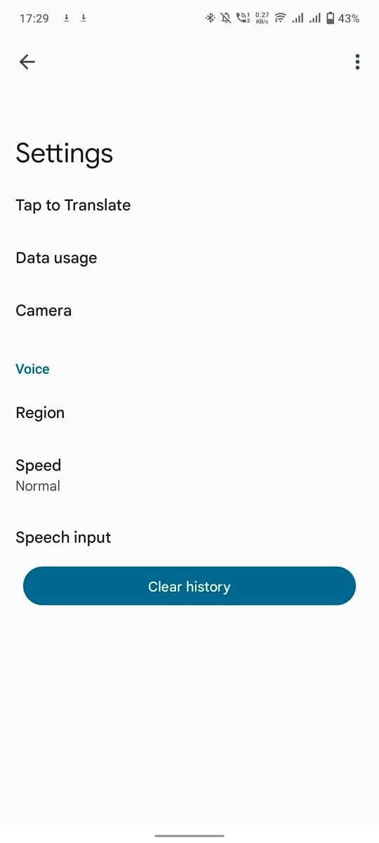 Google Translate settings page