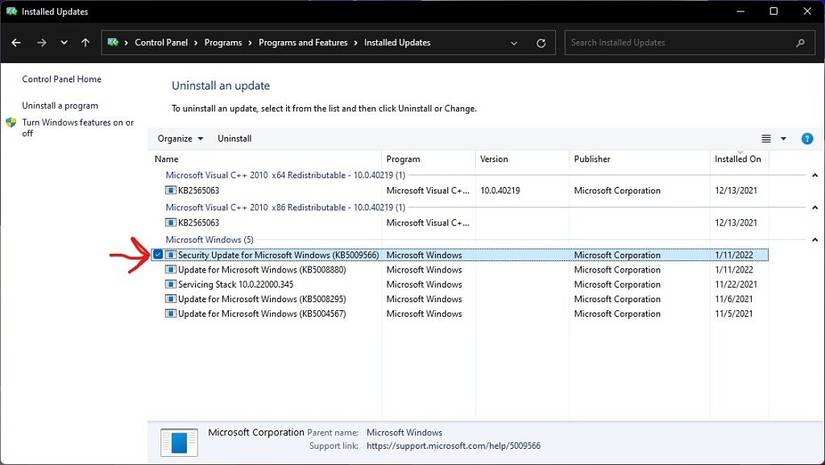 Uninstalling a Windows update that's causing issues