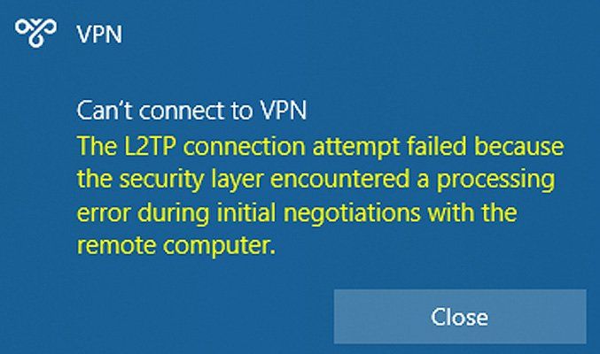 Error shown when connecting to a VPN