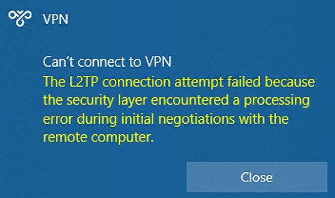 Error shown when connecting to a VPN