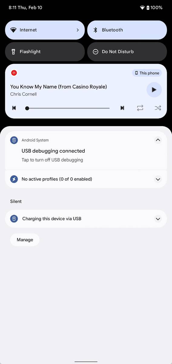 Android 13 DP1 notification shade displaying a new media player UI