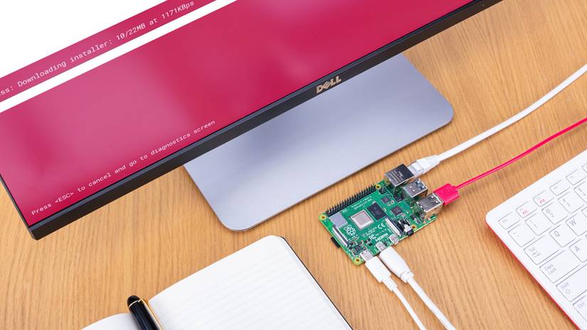 Raspberry Pi plugged into a display running the network install