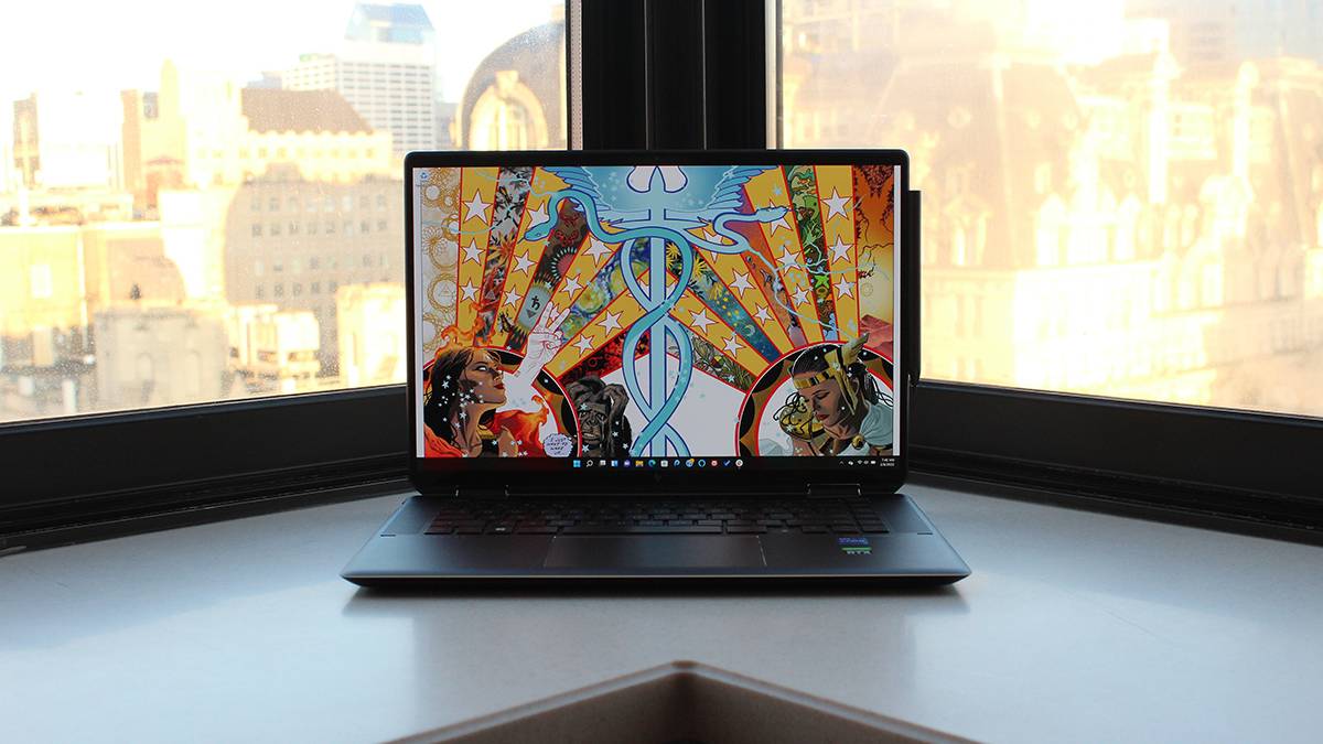 The HP Spectre x360 sitting on a desk.
