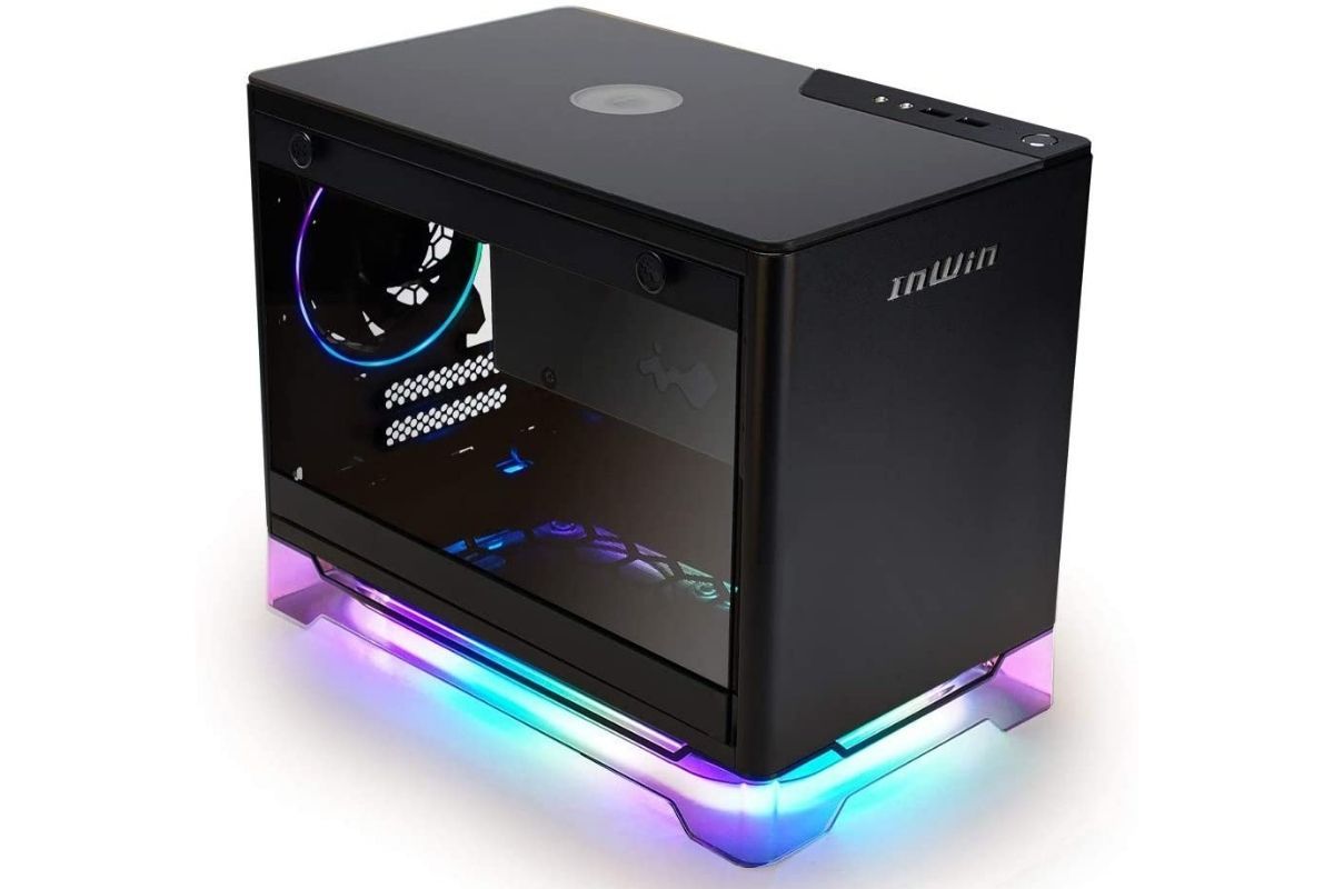 The InWin A1 Plus is a premium mini-ITX chassis that comes with a wireless charger on the top panel and a glowing RGB stand at the bottom.