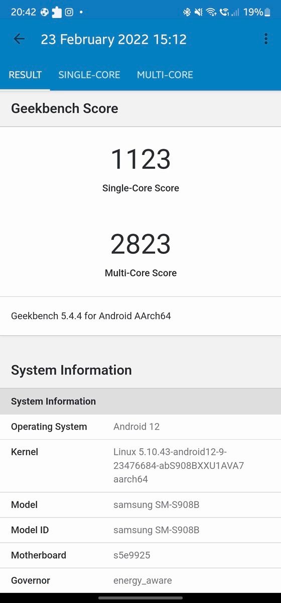 Samsung Galaxy S22 Ultra Exynos Geekbench 5