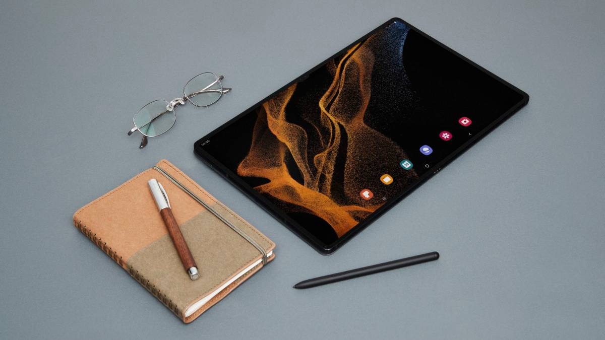 Samsung Galaxy Tab S8 Ultra on gray surface
