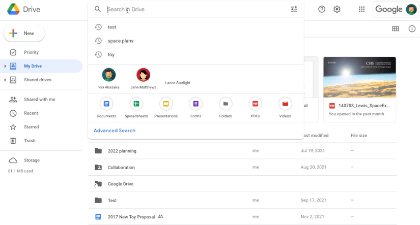 Searching for "space plans" on Google Drive and filtering by file type, people, and last modified dates