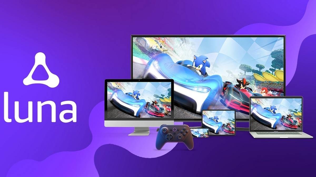 Amazon Luna logo with various devices displaying a game