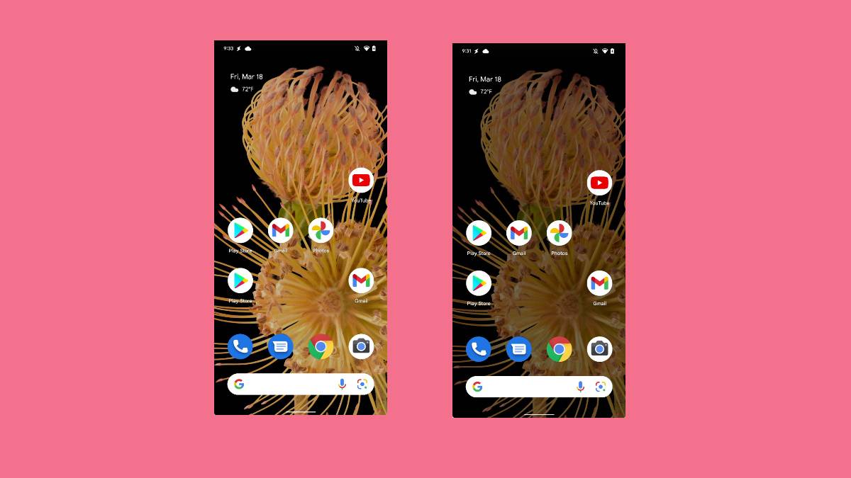 Two home screens displayed on a solid pink background