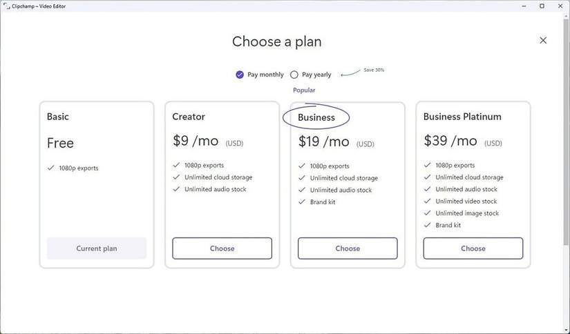 Clipchamp pricing tiers including 1080p video xports on all tiers