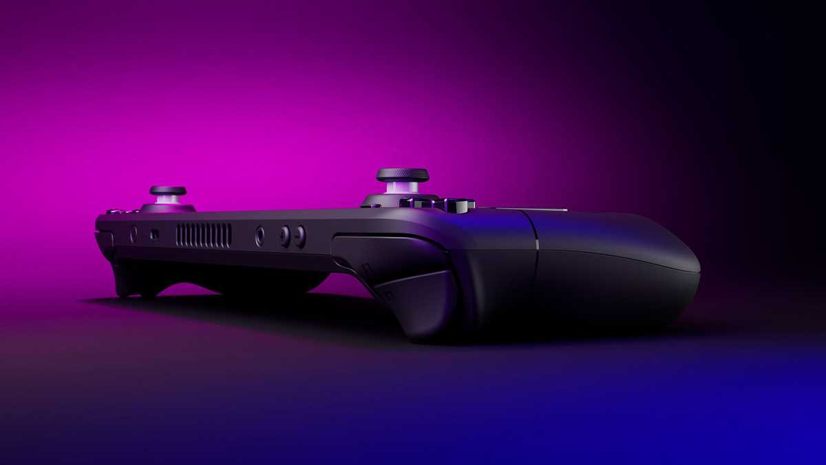 Steam Deck with a pink and purple background
