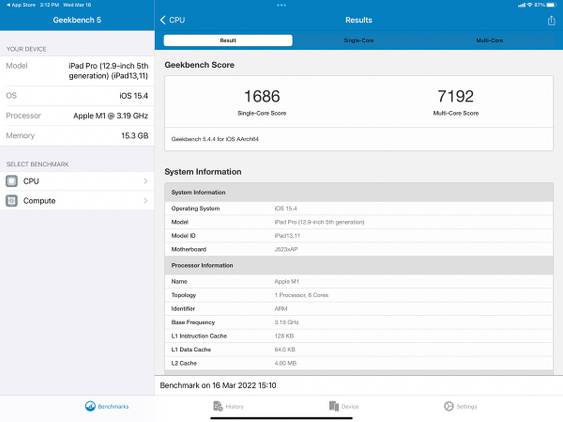 iPad Pro (2021) Geekbench score