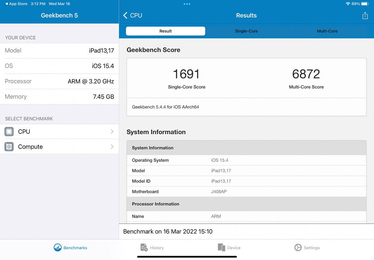 iPad Air (2022) Geekbench score