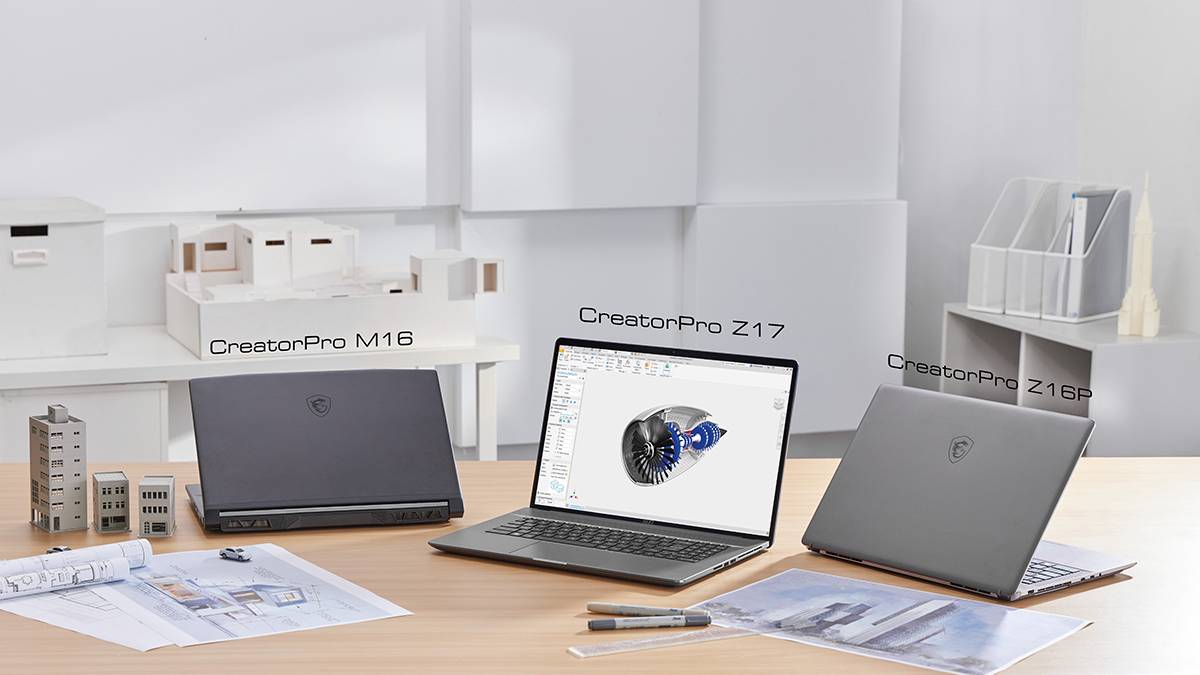Three MSI laptop in different positions on a desk