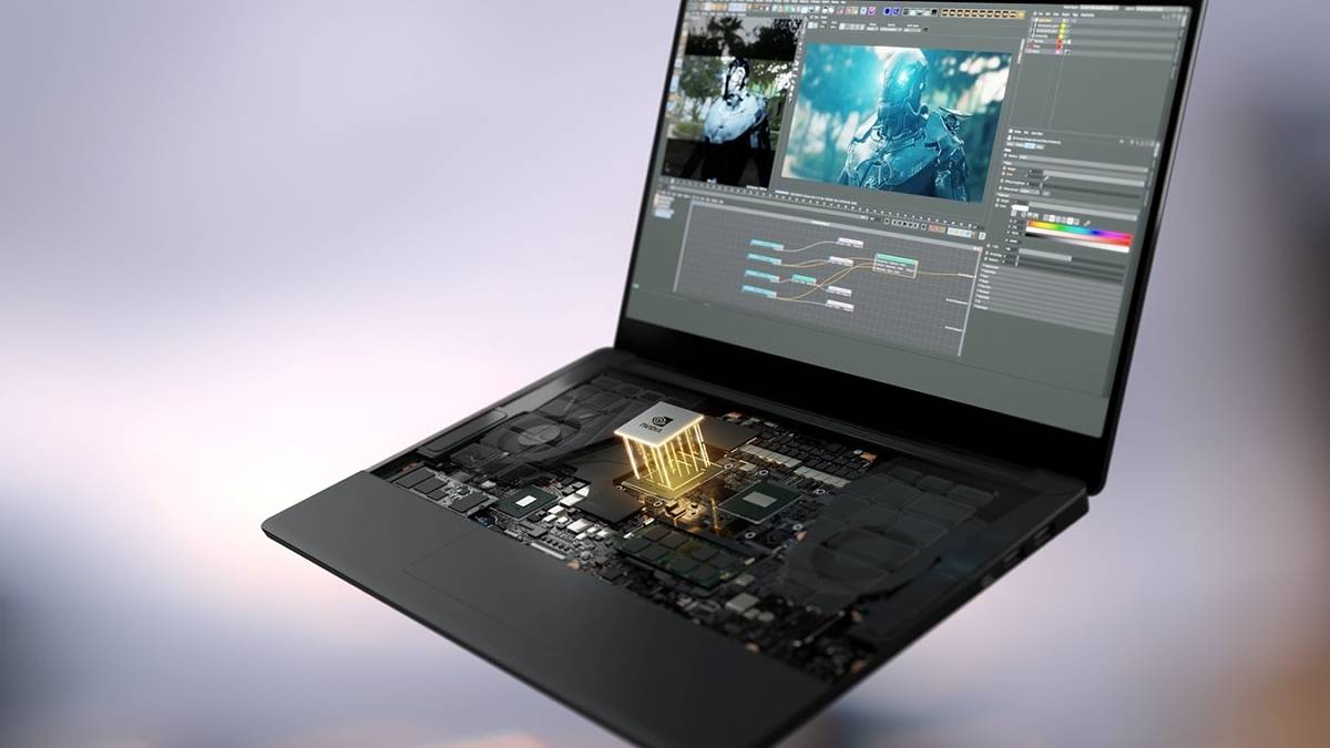 An open laptop with a NVIIDI GPU highlighted and popping out from the interior