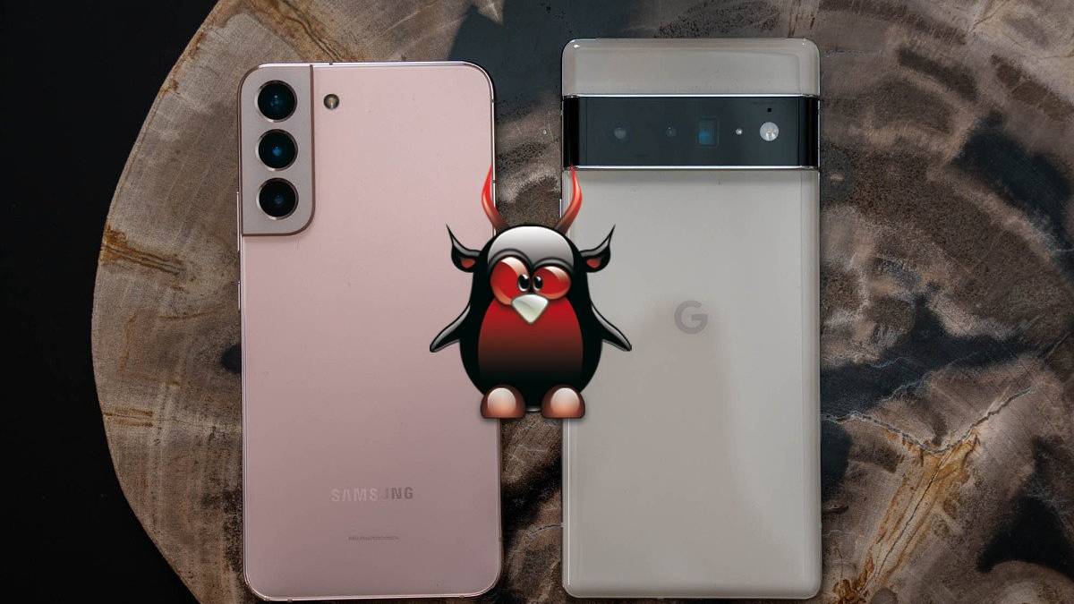 Samsung Galaxy S22 and Google Pixel 6 with Linux tux evil root logo