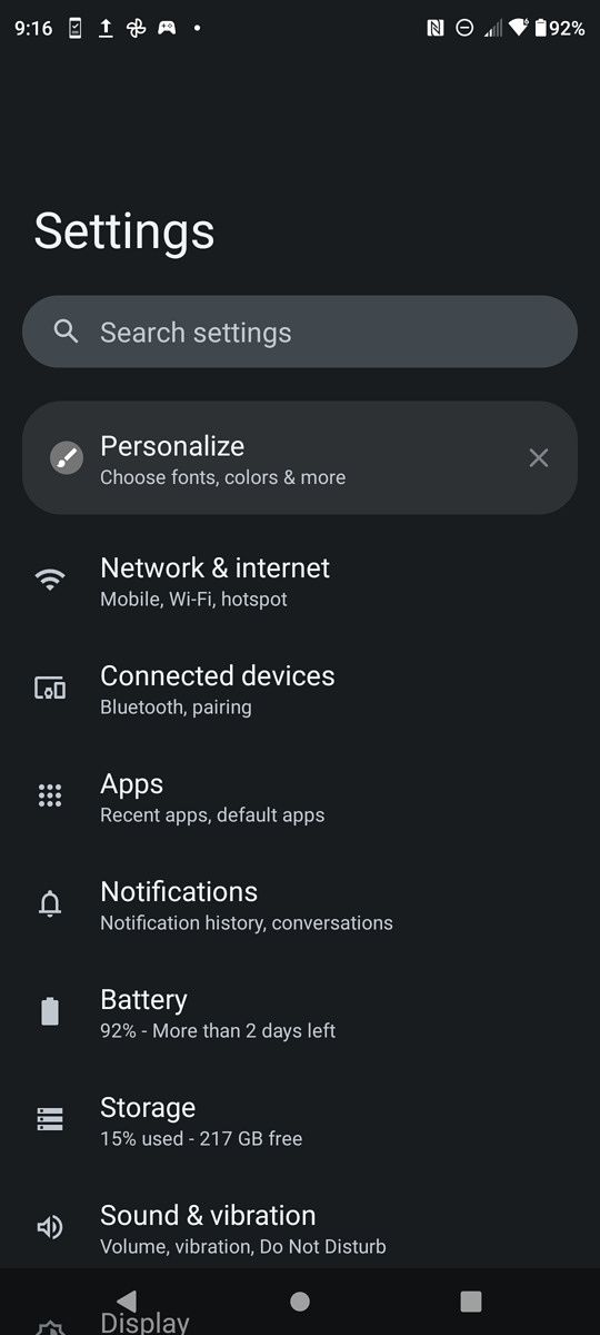 Settings app on Moto Edge Plus