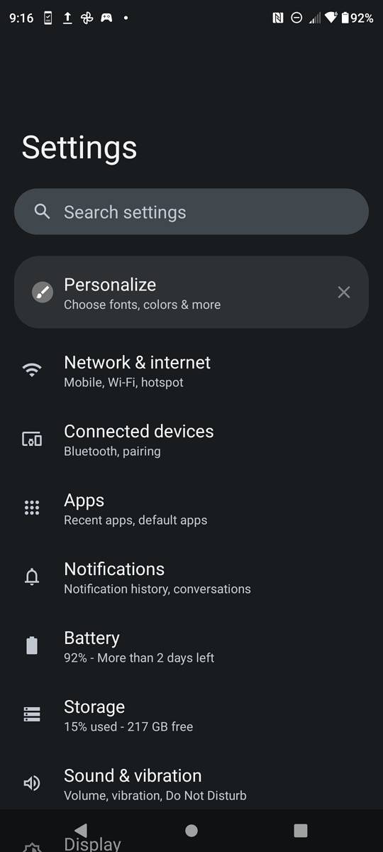 Settings app on Moto Edge Plus