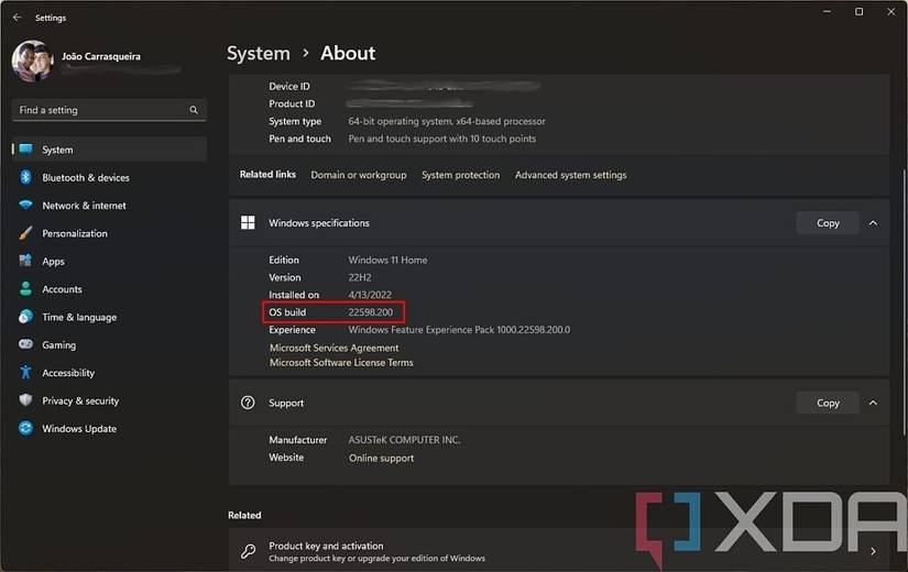 Windows 11 build number in Settings