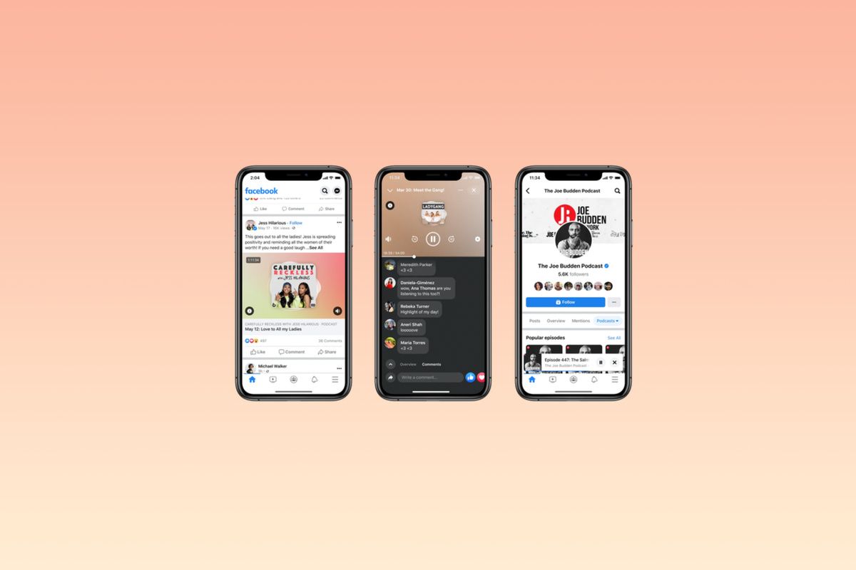 Facebook podcast player shown on three mock up smarthones