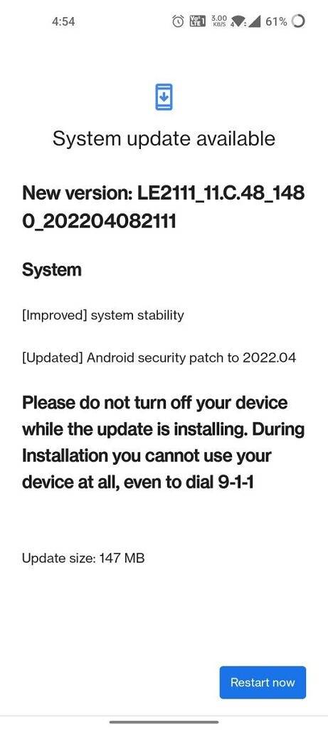 OnePlus 9 OnePlus 9 Pro April 2022 patches update screenshot