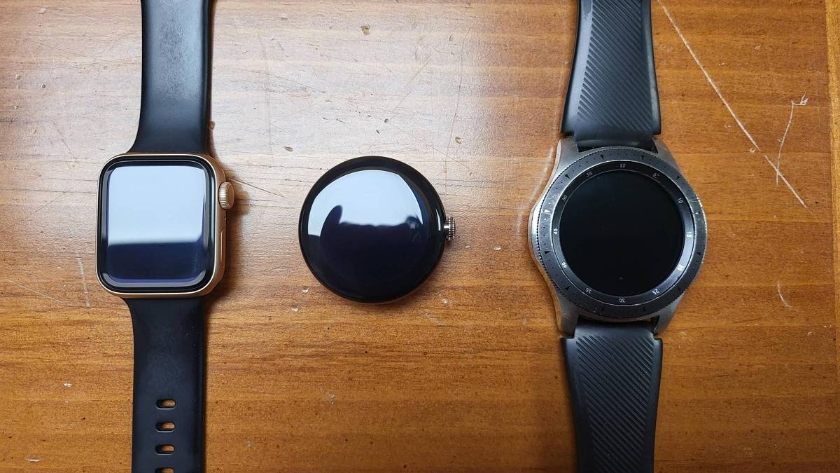 leaked Pixel Watch next to Apple Watch 40mm and Galaxy Watch 46mm