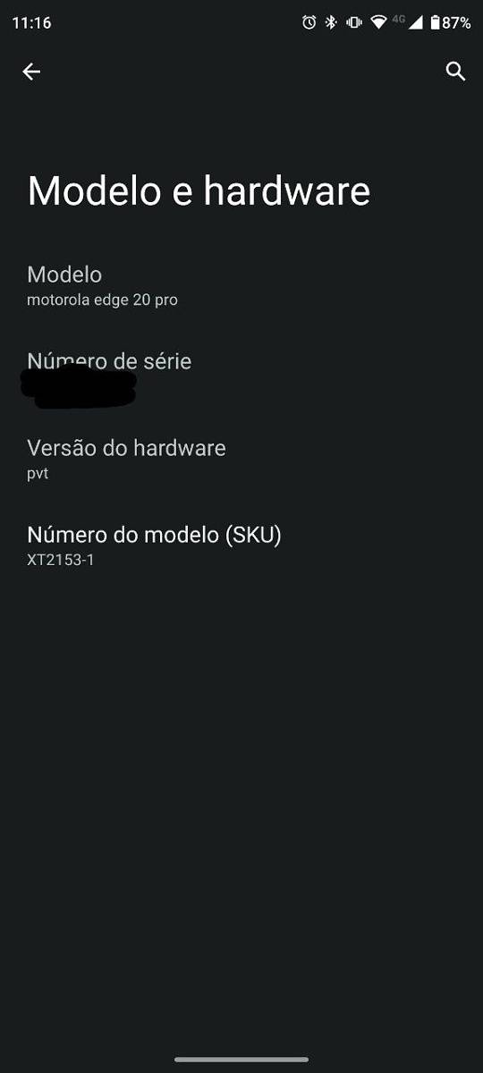 Software version section of Motorola Edge 20 Pro in Portuguese