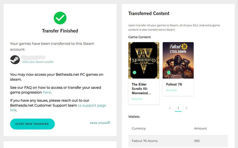 Bethesda.net transfer confirmation message