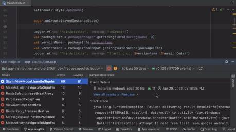 Android Studio Electric Eel Canary App Quality Insights from Firebase Crashlytics