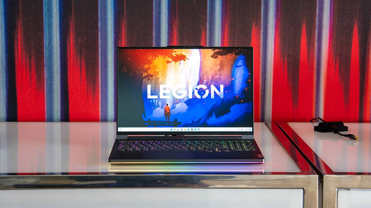 Lenovo Legion laptop with red background