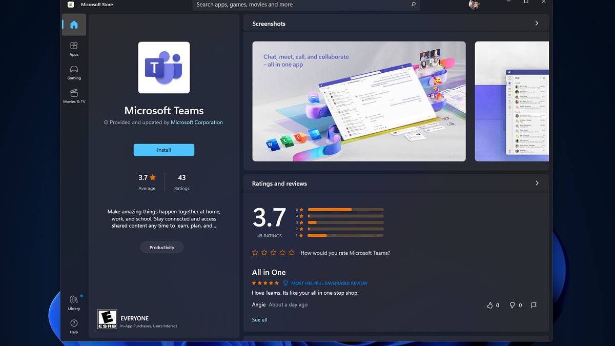 Microsoft Teams listing on the Microsoft Store