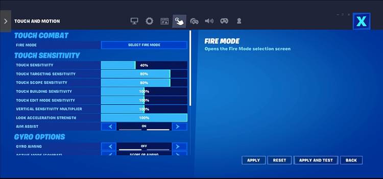 Fortnite touch controls settings on GeForce Now