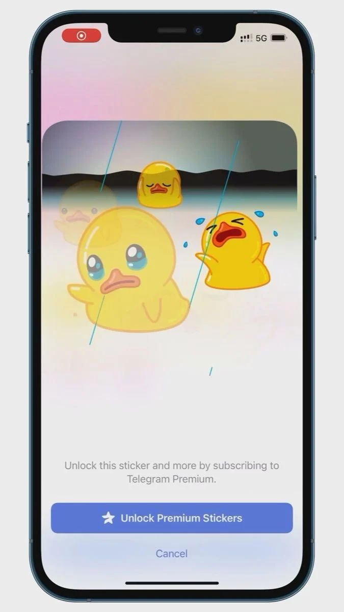 Telegram on iOS with a blue button at the bottom asking users to subscribe to Telegram Premium